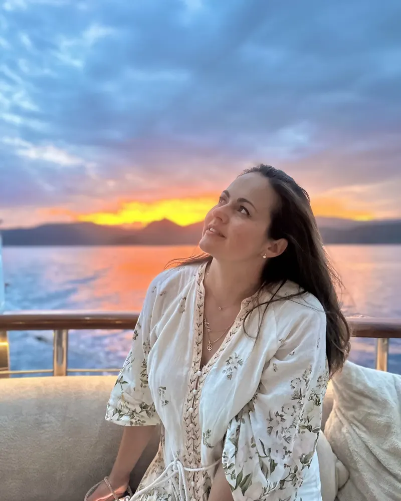 Gabby on deck at sunset